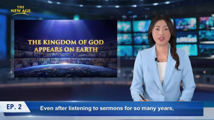 A woman in a blue suit sits right of the frame at a computer-generated news desk with a slide to the left with the text The Kingdom of God Appears on Earth. Text Ep 2. and Even after listening to sermons for so many years is below her. 