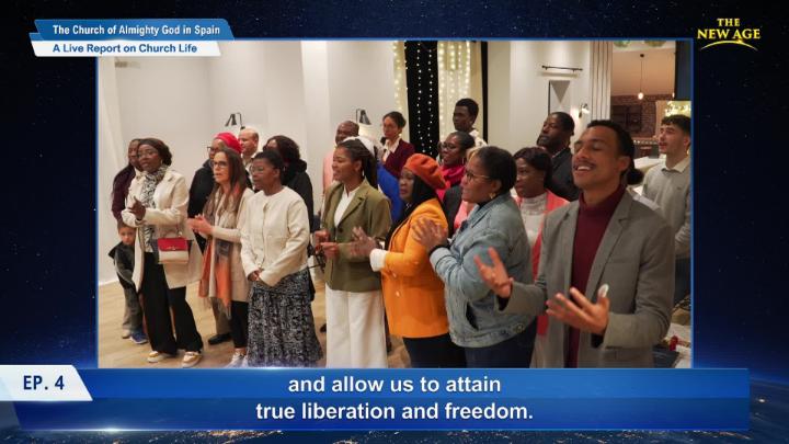 A large group of people with their hands extended singing with the text Ep. 4 and allow us to attain true liberation and freedom. 