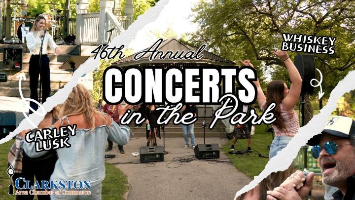The 46th Annual Concerts in the Park logo center with a photo collage of the music acts from week 1. 