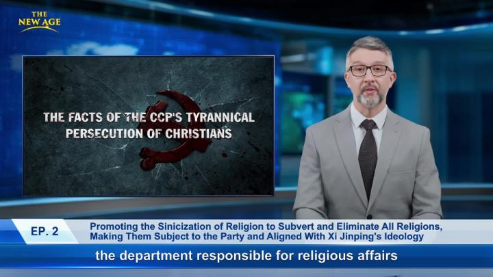 A man sitting at a virtual desk with a slide displaying the text, ' The Facts of the CCP's Tyrannical Persecution of the Christians'