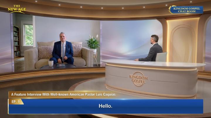 A man sitting at a virtual news desk, right, interviews another man on a screen. 