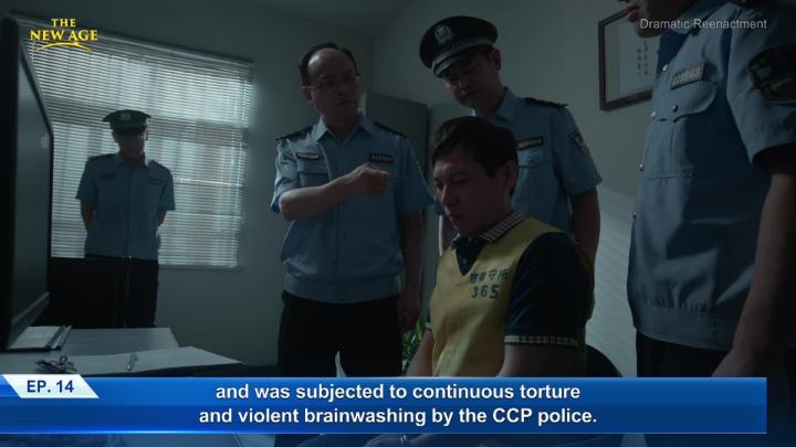 Four police officers stand behind a man sitting in a chair in a dark room. 