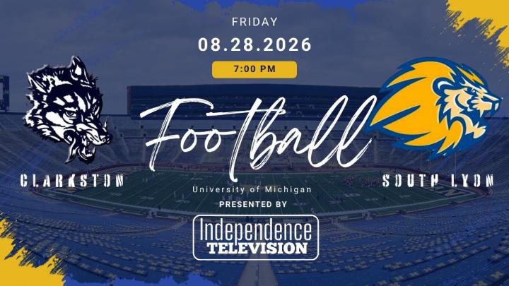 The Clarkston Wolf to the left with the South Lyon Lion to the right promoting a varsity football game between the two school son August 28, 2026. 