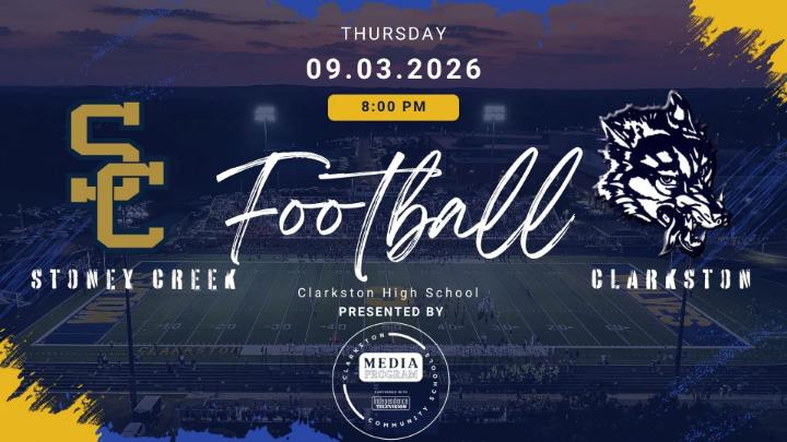 The Stoney Creek logo to left with the Clarkston wolf logo to the right promoting the high school football game on September 3 2026. 